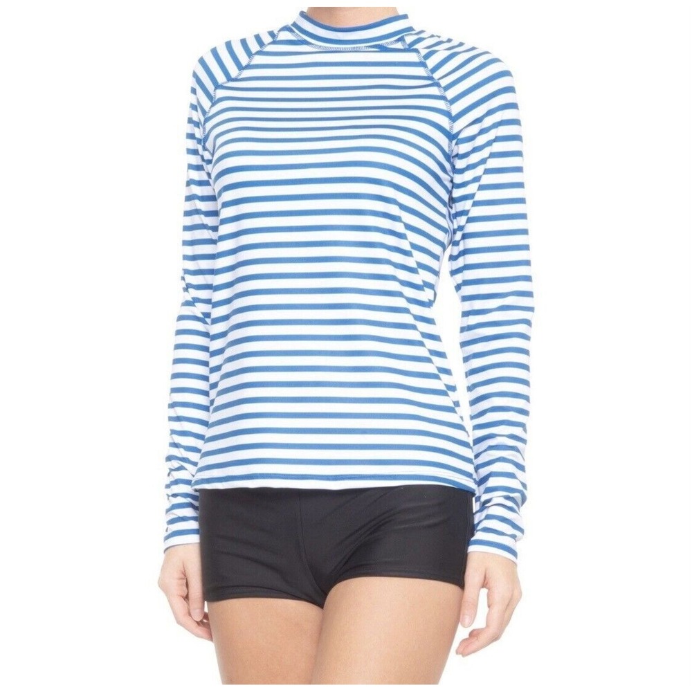 Cabana Life Women's Striped  UPF 50+ Long Sleeve Shirt swim pool sports Sz L New